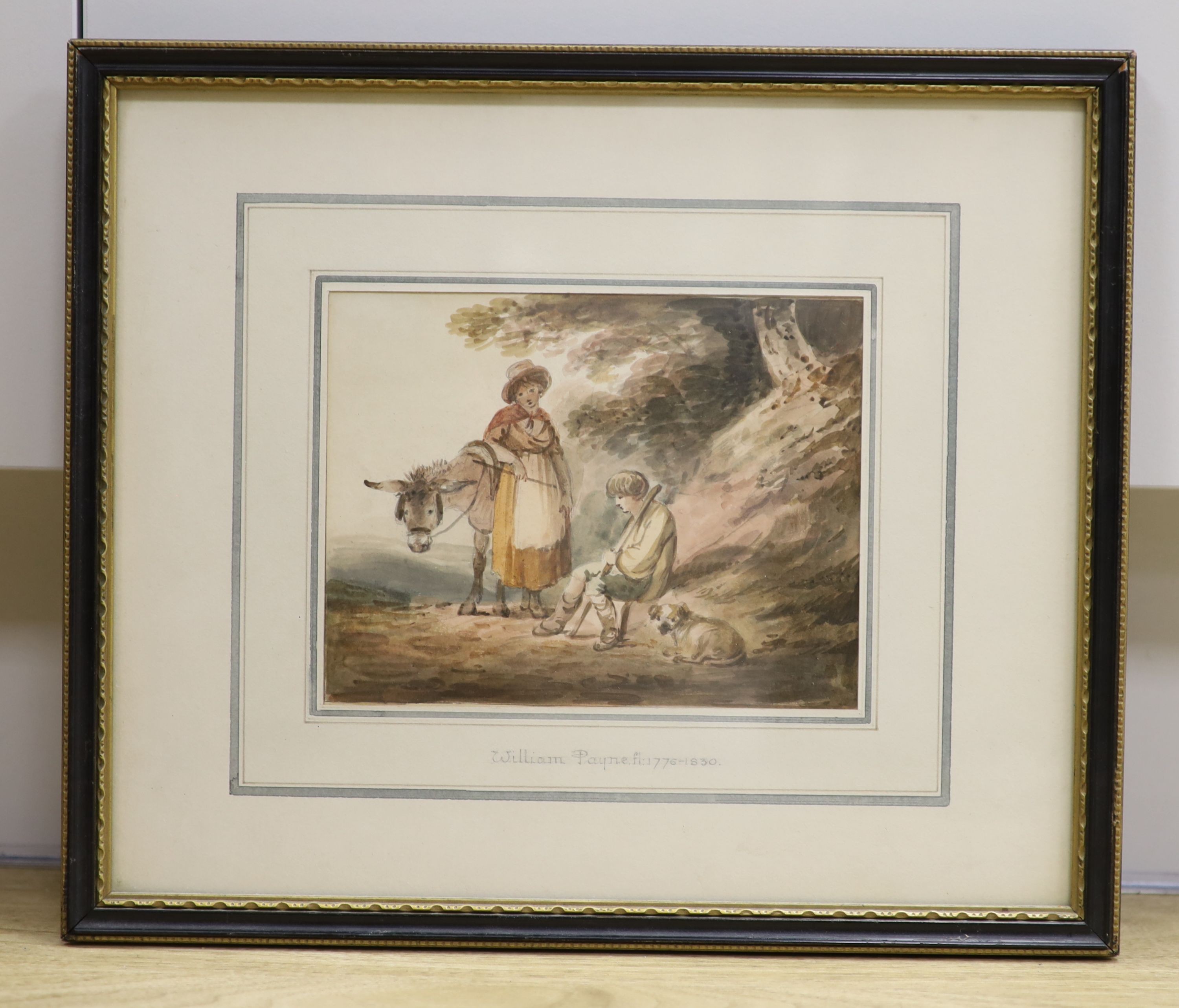 Attributed to William Payne (fl.1776-1830), watercolour, travellers at rest, 12.5 x 16cm.